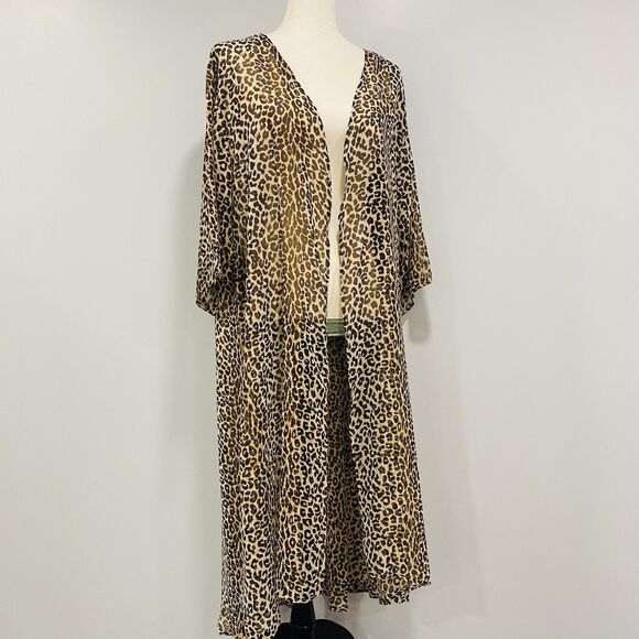 ZURY NWT OS Leopard Print Long Open Duster Kimono Cardigan Sheer Beach Cover Up - Picture 4 of 16